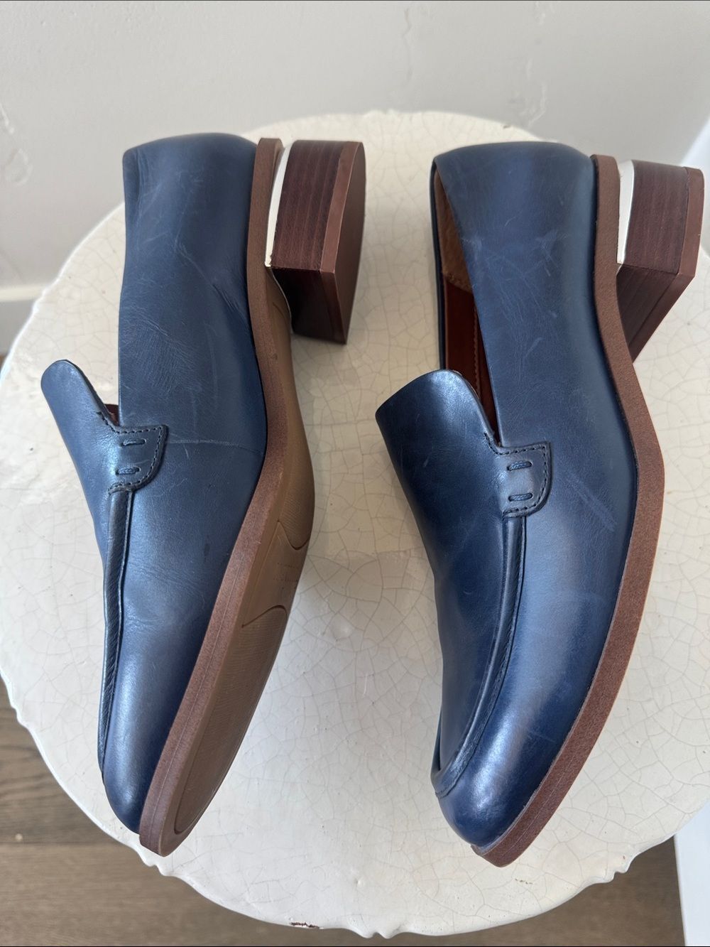 Franco Sarto Blue Leather Slip-On Loafers Block Heel Silver Accents Women’s Sz 8 - Picture 4 of 12